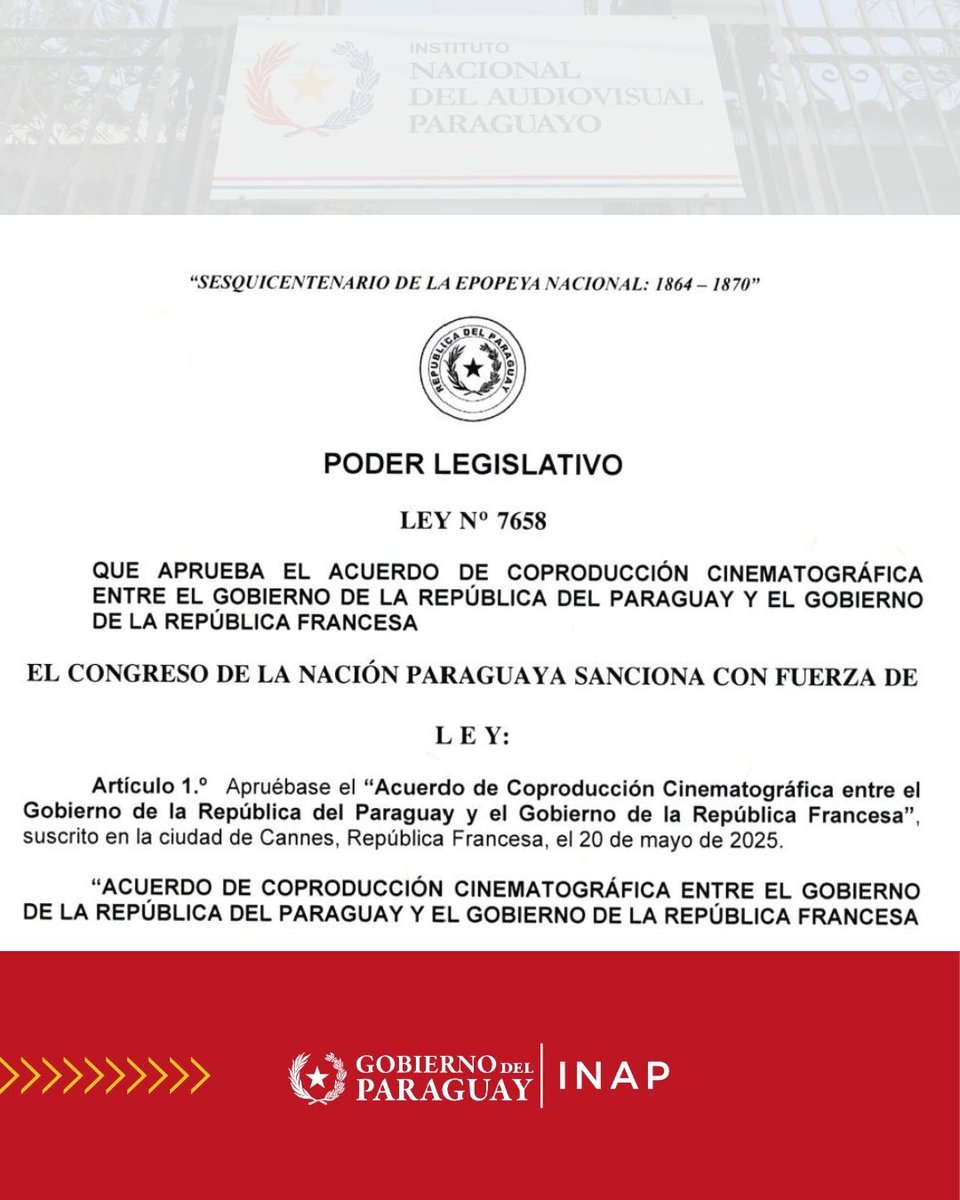 Inap_py's tweet photo. Paraguay ratifica acuerdo de coproducción cinematográfica con Francia

🔗https://t.co/NPTpwsOZS1

#INAP #Audiovisual #Coproduccion #Paraguay #Francia https://t.co/7bYbR6EmMI
