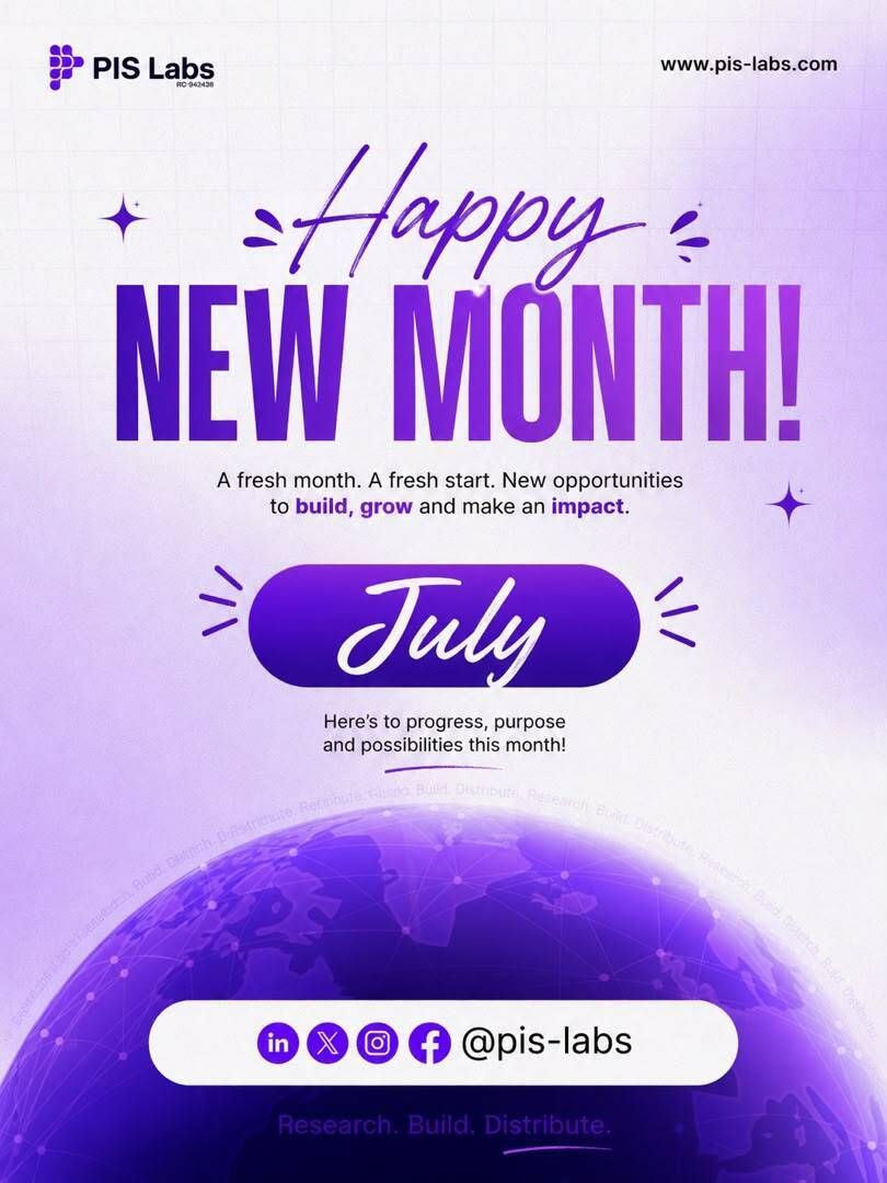 pis_labs's tweet photo. Happy New Month! 💜 
New month, new opportunities to build, grow, and make an impact.

Here's to a great July 🚀
— PIS Labs

 #HappyNewMonth #PISLabs #BuildWithUs https://t.co/GrJyYvvnqY