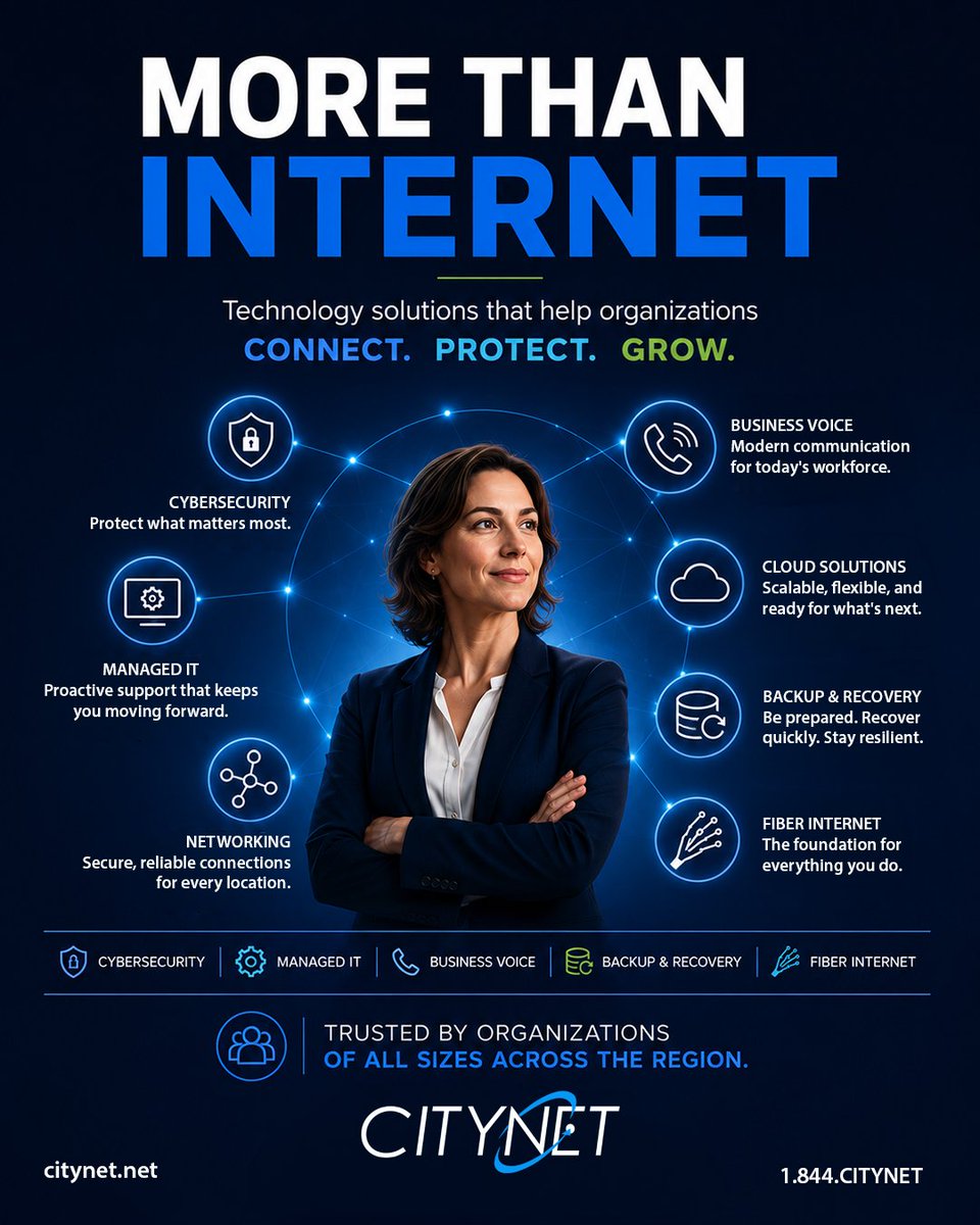 CitynetLLC's tweet photo. Many organizations know Citynet for fiber.

What they may not realize is that we also provide cybersecurity, managed IT, business voice, cloud solutions, and backup &amp; recovery.

Fiber is the foundation. Technology helps organizations grow.

Learn more: https://t.co/3s6NXqWLCq https://t.co/o5qbybcluP
