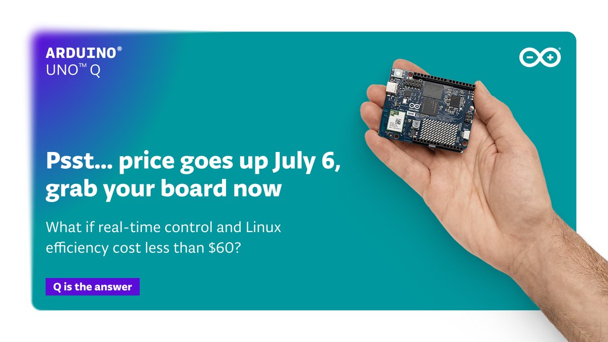 arduino's tweet photo. Most agentic AI workflows depend on cloud APIs, which means latency, connectivity requirements, and data leaving your device. UNO Q removes all three from the equation. With Arduino App Lab, you can build AI agents that reason and act entirely on the board. 

Natural language in, real-world hardware response out — no internet required. Whether you're controlling a robot arm, managing sensor inputs, or building an autonomous decision loop, the full stack runs locally. Arduino control, Linux compute, and on-device AI, all on one board, under $60. 

The UNO Q 4GB is available at $59 until July 6th.  If local agentic AI is on your roadmap, this is the moment to get the board that can run it: https://t.co/kIhWll9IzO