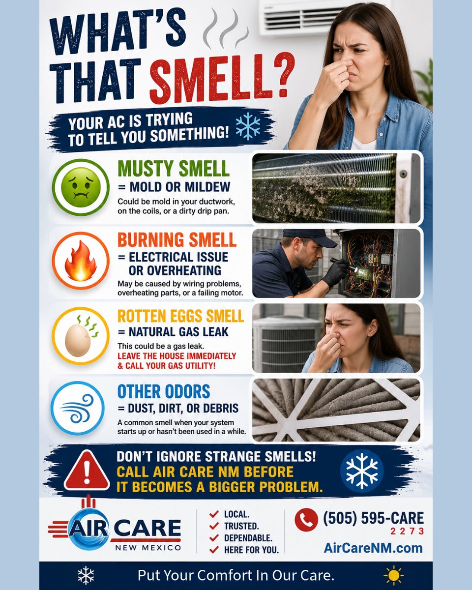 AirCare_NM's tweet photo. 👃 Strange smells coming from your AC?
Don't ignore them—your system could be trying to tell you something. Air Care NM is here to help! Contact us today. https://t.co/WaUipwafvx or (505) 595-2273 #AirCareNM #HVACTips #HomeComfort #ACService #StayCool #StrangeSmell #LocalBusiness https://t.co/zeoZZVTBT0