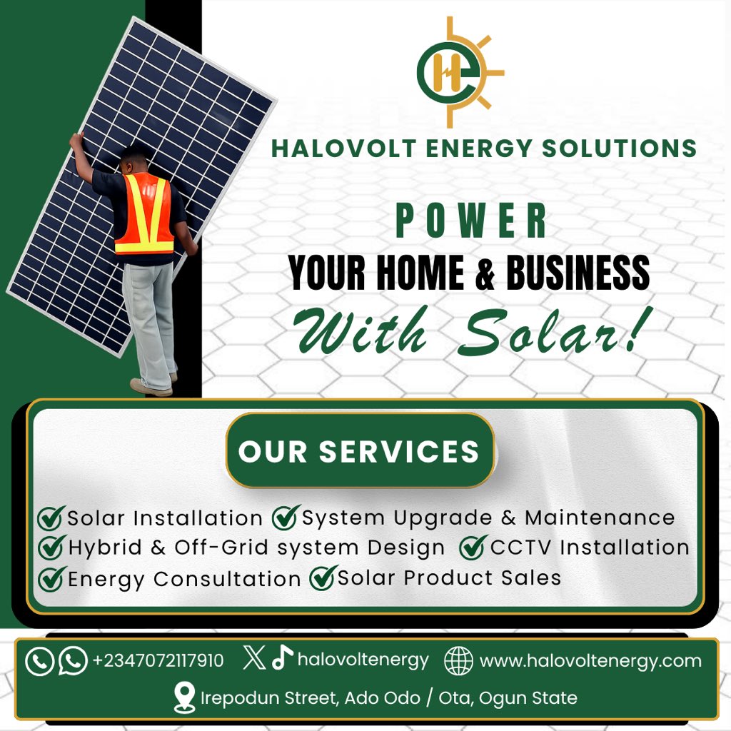 halovoltenergy's tweet photo. We install, upgrade, and maintain solar systems for homes and businesses.

📩 Send us a DM for a free quote.
#SolarEnergy #Nigeria #Ogun #SolarInstallation #RenewableEnergy https://t.co/vyQSGP1GrB