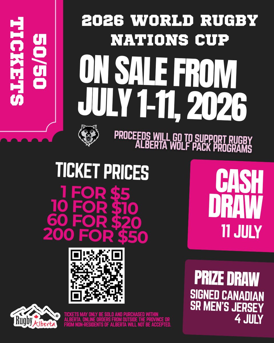 RugbyAlberta's tweet photo. 🎟️ The World Rugby Nations Cup 50/50 is LIVE! 🎟️

Grab your tickets today for your chance to take home a share of the jackpot, plus don’t miss the Early Bird prize draw. 🔥

Get your tickets now — link in bio (or scan the QR code)

Thank you for supporting Rugby Alberta! 🏉 https://t.co/rJlWFvZnbh