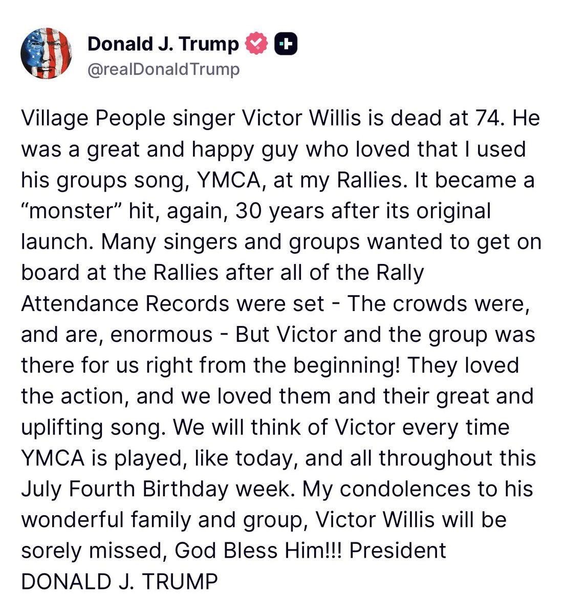 Breaking911's tweet photo. President Trump on the passing of Village People singer Victor Willis. https://t.co/GkbHxjk8IK