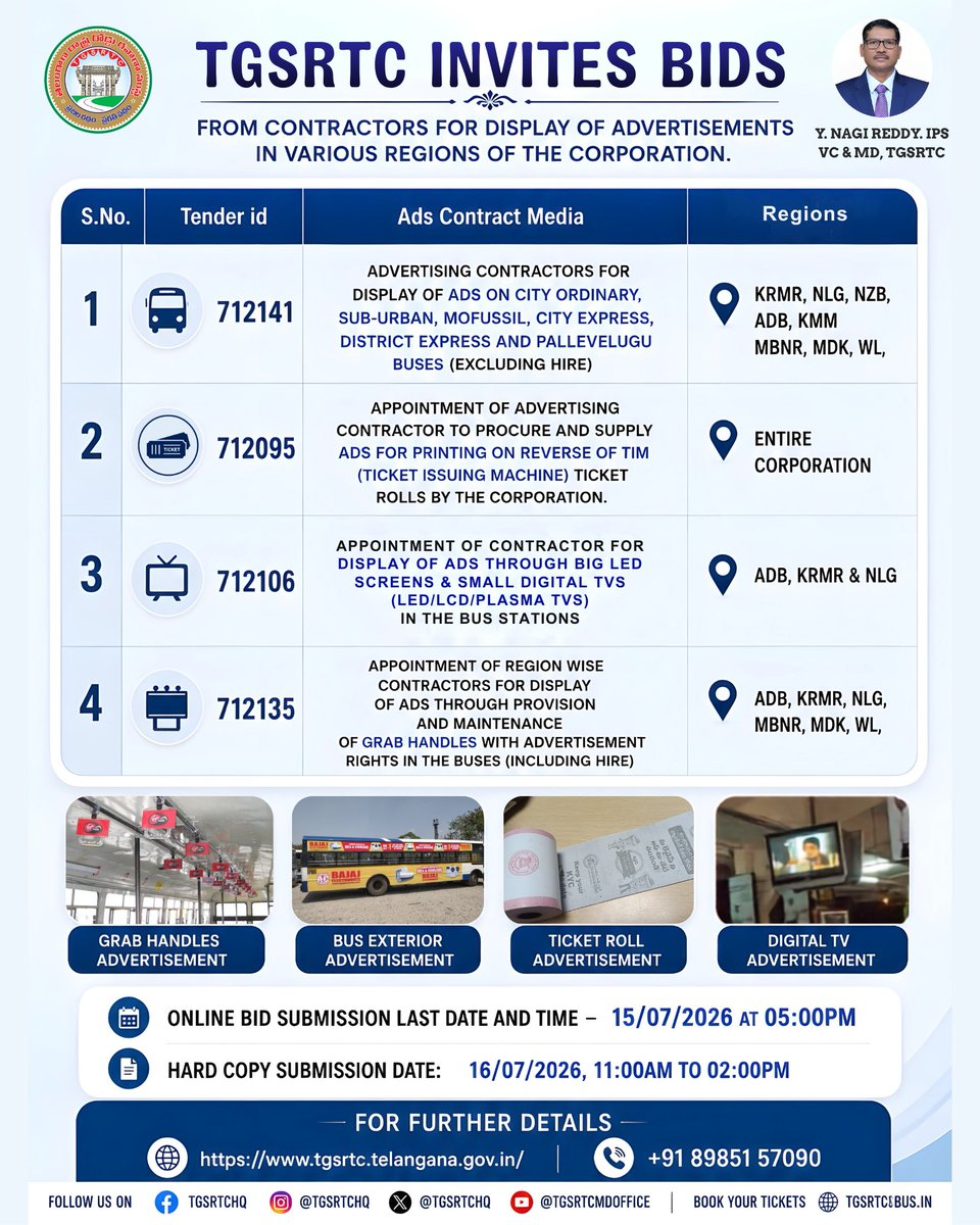 TGSRTCHQ's tweet photo. 📢 TGSRTC Invites Bids!
Calling all advertising contractors! Participate in TGSRTC tenders for Bus Exterior Ads, Ticket Roll Ads, Digital TV Screens, and Grab Handle Advertisements across various regions. https://t.co/Y5i8TdvkZQ