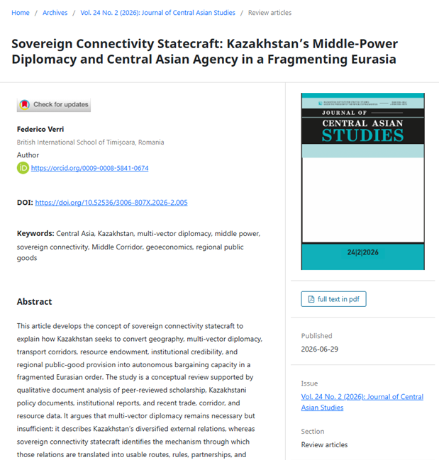 jcas_journal's tweet photo. This paper by F. Verri introduces the concept of sovereign connectivity statecraft, which helps explain how Kazakhstan leverages its geography and multi-vector diplomacy.
Full article: https://t.co/SZrWsQ7qqN
#CentralAsia #MultivectorDiplomacy #MiddlePower #sovereignconnectivity https://t.co/hoFpiaed0A