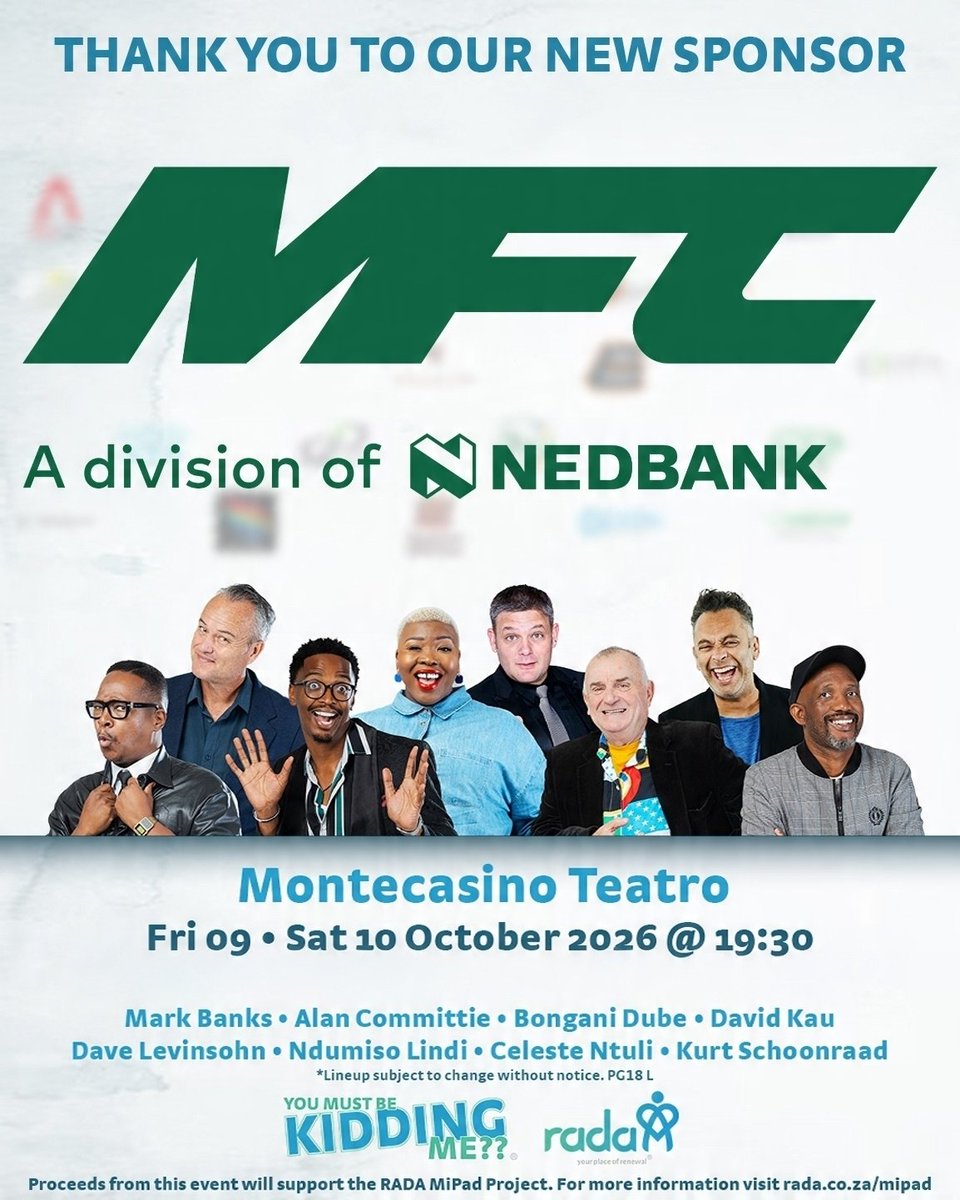 RADAhealing's tweet photo. 💙 Sponsor Spotlight 💙

Thank you @mfc_sa for supporting the RADA MiPad Project which empowers young girls by providing them with reusable sanitary pads. 

RADA is looking forward to welcoming you and your special guests to the 2026 comedy fundraiser in October at the Teatro - Montecasino. 

We are extremely grateful to you for supporting our project and creating positive change in young lives. 💙

To get involved in this exciting event in support of an impactful empowerment project, contact: info@rada.co.za

#Comedy #RADA #sponsors #MiPads