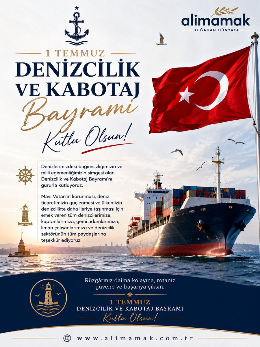 AliMAMAK2's tweet photo. ⚓ 1 Temmuz Denizcilik ve Kabotaj Bayramı Kutlu Olsun! 🇹🇷

Denizlerimizdeki bağımsızlığımızın ve milli egemenliğimizin simgesi olan Denizcilik ve Kabotaj Bayramı'nı gururla kutluyoruz.

Mavi Vatan'ın korunması, deniz ticaretimizin güçlenmesi ve ülkemizin denizcilikte daha ileriye taşınması için emek veren tüm denizcilerimize, kaptanlarımıza, gemi adamlarımıza, liman çalışanlarımıza ve denizcilik sektörünün tüm paydaşlarına teşekkür ediyoruz.

Rüzgârınız daima kolayına, rotanız güvene ve başarıya çıksın.

1 Temmuz Denizcilik ve Kabotaj Bayramı kutlu olsun.

🌐 https://t.co/q5uJtZb9fN