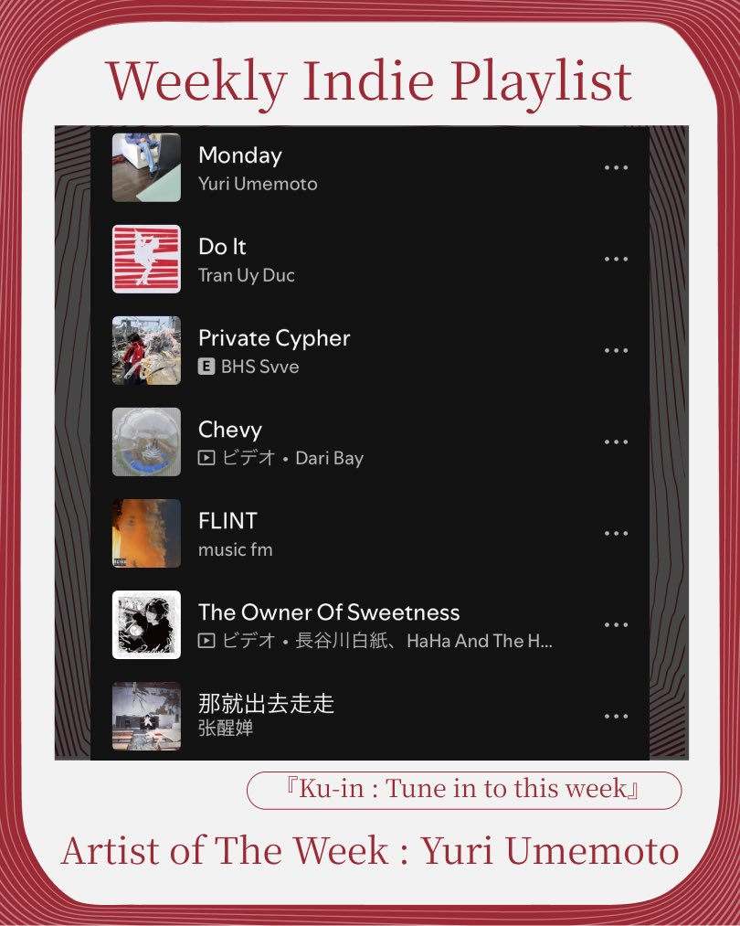 Rock_n_roll_Kun's tweet photo. ウィークリープレイリスト『Ku-in : Tune in to this week』更新🌪️

Artist of The Week : Yuri Umemoto

コンポーザーYuri Umemoto新作から"Monday"をセレクト。クラシカルとアニメ声、サウンドも歌詞も上手く同居しているとは言い切れない気まずさが刺激的。

インディーロック / エレクトロニック / アンビエントの新作を中心にまとめたプレイリストを毎週更新しています。

プレイリストのリンクはリプ欄に🔗

Yuri Umemoto
Tran Uy Duc
BHS Svve
DariBay
music fm
長谷川白紙
张醒婵
野流, いしし
しんきろうのまち
Paulie Swan
Sofie Birch
Matthewdavid
Exportion
Abul Mogard, Rafael Anton Irisarri
Shin Kikuchi, 当真伊都子, synfilums
Yangze
jim kimchi
Mary Sue
FearDorian, 没 a.k.a NGS
Pz'
諭吉佳作/men, abelest