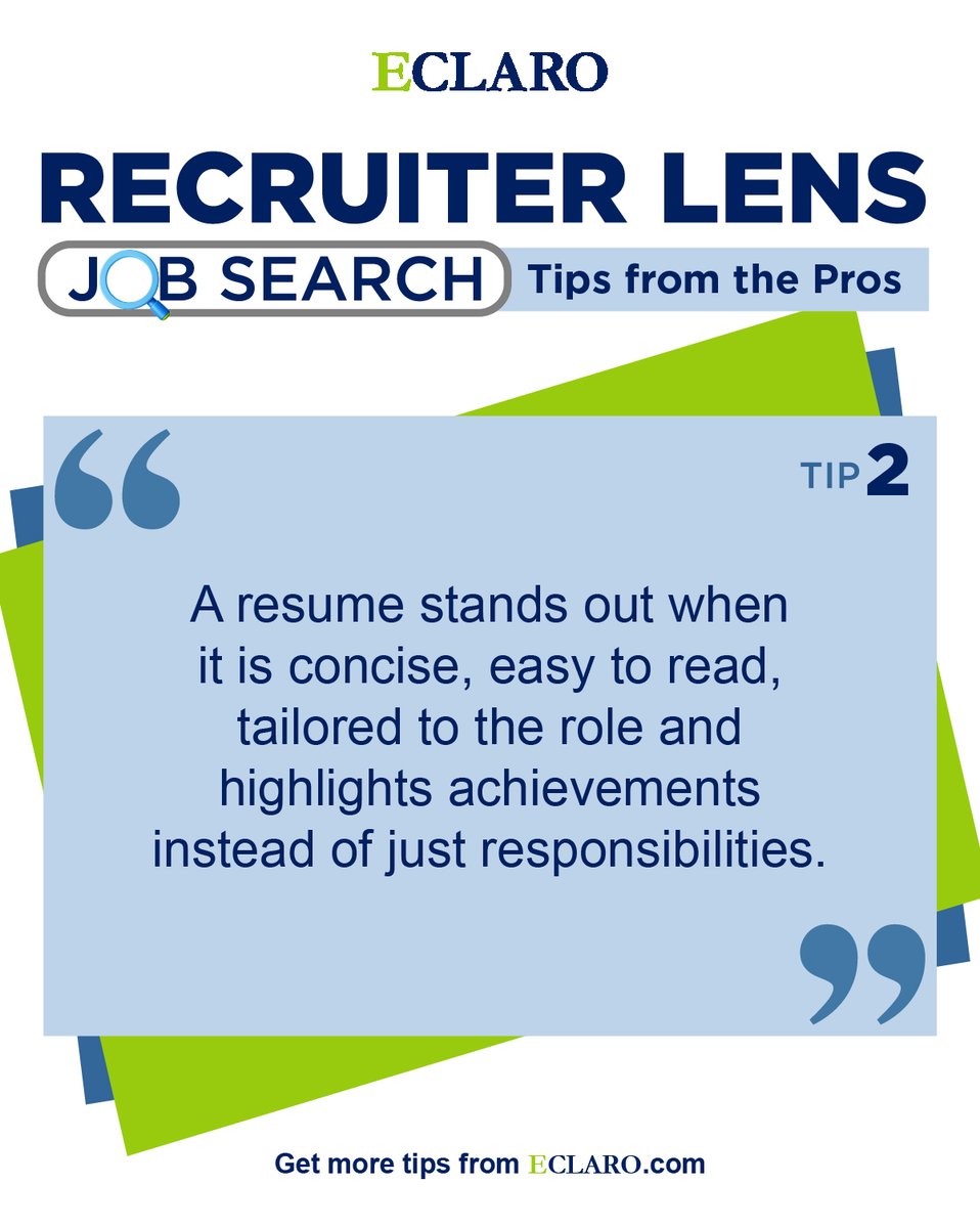 eclarotweets's tweet photo. The best career advice often comes from the people reading your résumé.

Here’s a tip from recruiters to help you put your best foot forward.

Stay tuned next Wednesday for more!

#WednesdayWisdom #CareerTips #JobSearch #ResumeAdvice https://t.co/htXExPEbnj
