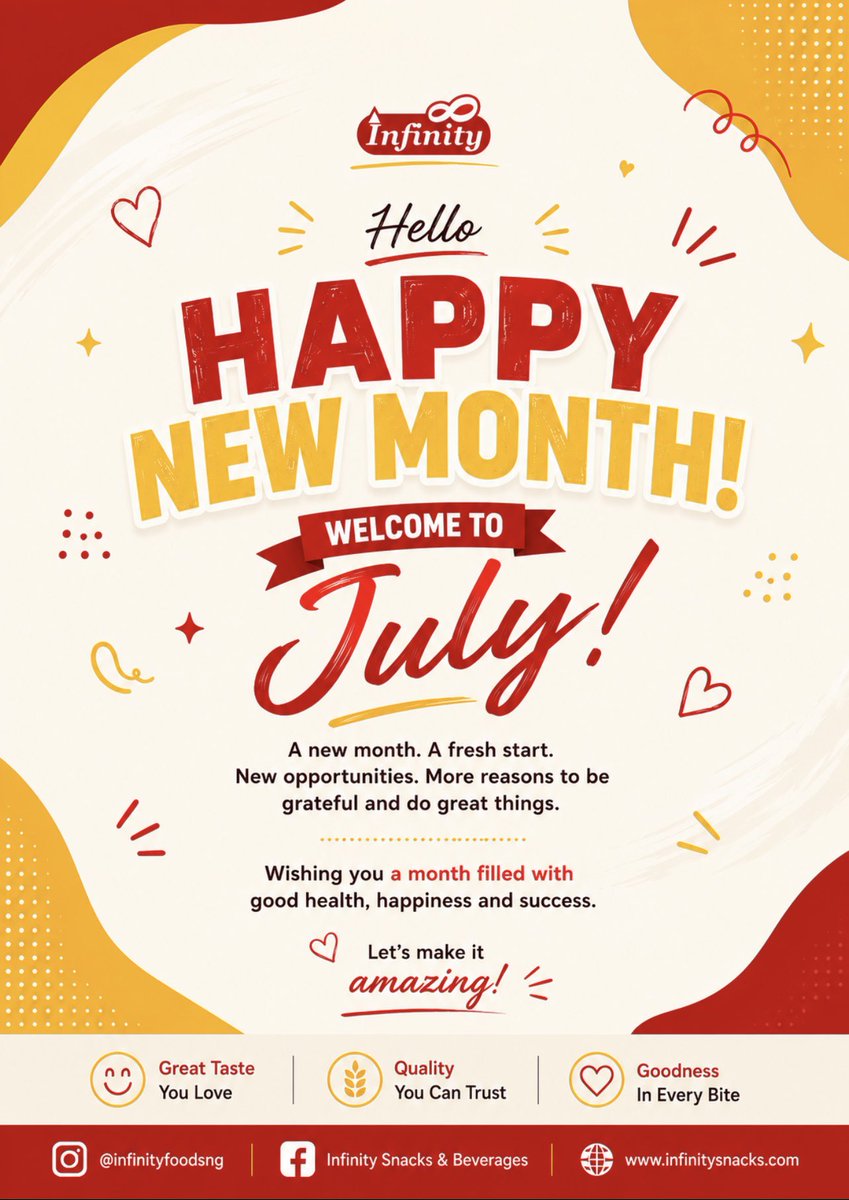 Infinityfoodsng's tweet photo. Hello, July! 🌞

Here’s to fresh starts, new opportunities, and mornings made even better with Infinity Cereals. 🥣❤️

Wishing you a month full of happiness, success, and good vibes. https://t.co/bqXh1tXwt8