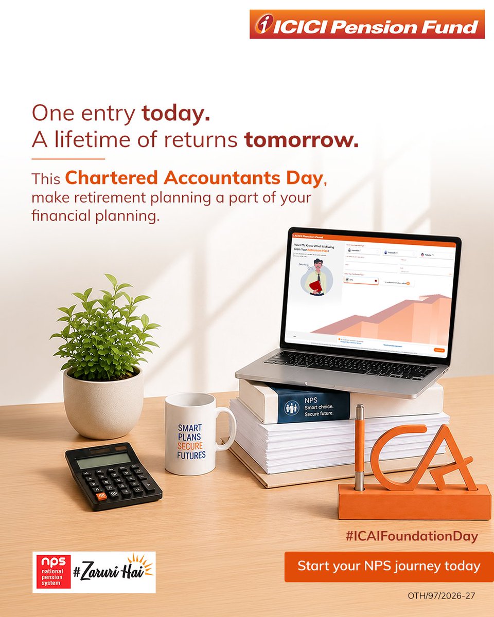 icicipension's tweet photo. Every smart financial decision shapes your future. This #CADay, go beyond balancing today's books start building tomorrow's financial security with NPS. The best long-term returns begin with the first contribution.

#ICICIPensionFund #NPS #RetirementPlanning https://t.co/mwLtzUvJga