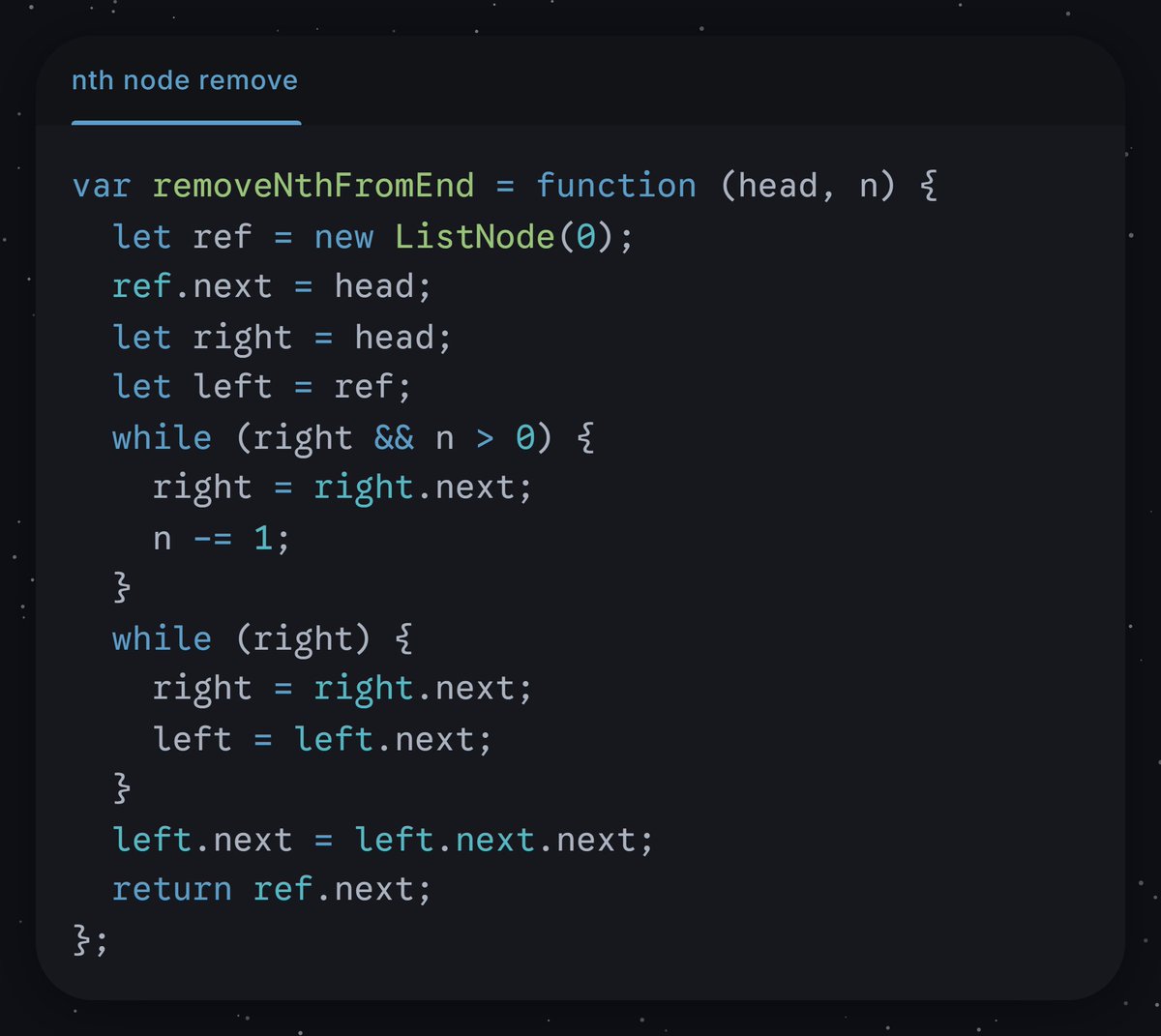 KDSAMF's tweet photo. Solved Remove Nth Node From End of List on LeetCode.

A clean linked list problem using the two-pointer technique:

- Create a dummy node
- Move the right pointer n steps ahead
- Move both pointers together
- Remove the target node in one pass

#LeetCode #DSA https://t.co/GJpSPqWHsm