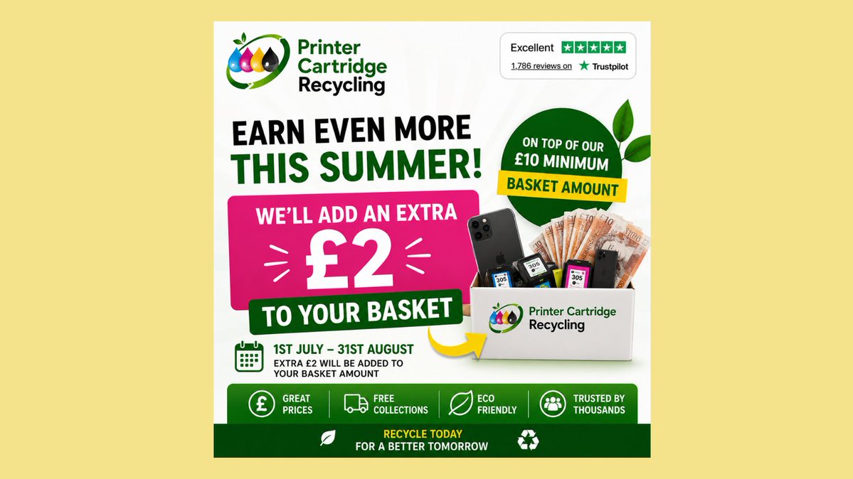 PrintRecycle's tweet photo. ☀️ Summer Bonus is Here! ☀️
Recycle with us between 1st July and 31st August and we'll add an EXTRA £2 to your basket!
🌐 https://t.co/If1dZDLDBF
#PrinterCartridgeRecycling#RecycleForCash #InkjetRecycling #MobilePhoneRecycling #CashForCartridges #RecycleToday #ExtraCash https://t.co/bISaQySpLi