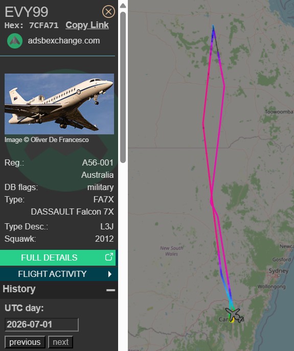raaf_vip's tweet photo. Including air-work at Emerald Airport (EMD).
Dassault Falcon 7X // A56-001 // Envoy 99
Route: Canberra (CBR) - Canberra (CBR)
🛫: 01:13 UTC on 01/07/2026
🛬: 05:14 UTC
#RAAF #AusAirForce #A56001 #QLD #Emerald #Canberra https://t.co/xIwQ47z8oH