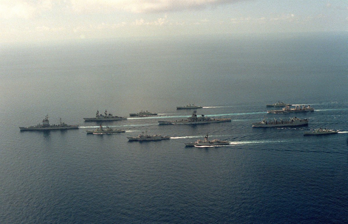BattleshipNJ's tweet photo. On this day July 1st 1986, Battleship New Jersey operated alongside Australian Navy vessels as part of the first battleship battle group to deploy to the Western Pacific since the Korean War. Today she's preserved in her 1980s configuration, when you visit, you'll get to see her as she looked when this photo was taken. 

#otd