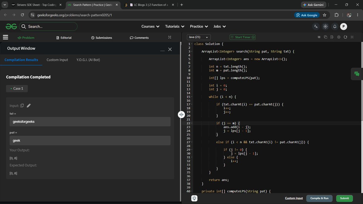 _kumar_pratham's tweet photo. Day 31 of #SDESheetChallenge -
Z Function
KMP Algorithm (LPS Array)
Minimum Insertions to Make a String Palindrome
Focused on - Pattern Matching, LPS Array & String DP.
@takeUforward_ @striver_79
#DSA #Strings #KMP #ZAlgorithm #DynamicProgramming #Algorithms #SDESheetChallenge https://t.co/3jwW9ttC5e