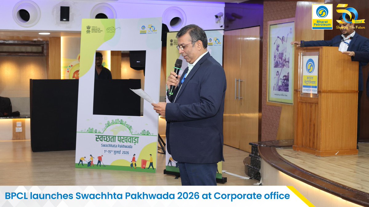 BPCLimited's tweet photo. BPCL formally launched Swachhta Pakhwada 2026 with the Swachhta Pledge at the Corporate Office, reaffirming its commitment to cleanliness, sustainability, and community well-being.

The pledge was administered by Shri Vetsa Rama Krishna Gupta, Director (Finance), and Shri Pushp Kumar Nayar, Director (HR), in the presence of senior management and the CSR team. On the occasion, Shri Parthasarthy D, Executive Director (HRS), and Shri Mahendra Kumar K, Chief General Manager (HRD), joined them in distributing Swachhta Kits to the housekeeping staff.

The initiative marks the beginning of Swachhta Pakhwada activities across BPCL locations nationwide, reinforcing the Corporation’s continued commitment to a cleaner and healthier India.

#BPCL #SwachhtaPakhwada2026 #SwachhBharat #CSR #CommunityWellBeing #ShapingTheFuture

@HardeepSPuri @PetroleumMin @Secretary_MoPNG