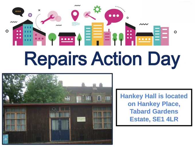 Image of Repairs Action Day at Hankey Hall, Tabard Gardens Estate, SE1 4LR, featuring a photo of the community building.
