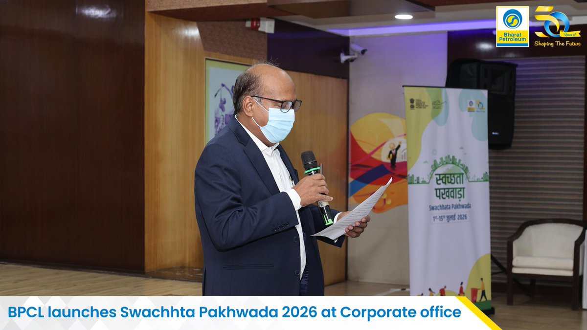 BPCLimited's tweet photo. BPCL formally launched Swachhta Pakhwada 2026 with the Swachhta Pledge at the Corporate Office, reaffirming its commitment to cleanliness, sustainability, and community well-being.

The pledge was administered by Shri Vetsa Rama Krishna Gupta, Director (Finance), and Shri Pushp Kumar Nayar, Director (HR), in the presence of senior management and the CSR team. On the occasion, Shri Parthasarthy D, Executive Director (HRS), and Shri Mahendra Kumar K, Chief General Manager (HRD), joined them in distributing Swachhta Kits to the housekeeping staff.

The initiative marks the beginning of Swachhta Pakhwada activities across BPCL locations nationwide, reinforcing the Corporation’s continued commitment to a cleaner and healthier India.

#BPCL #SwachhtaPakhwada2026 #SwachhBharat #CSR #CommunityWellBeing #ShapingTheFuture

@HardeepSPuri @PetroleumMin @Secretary_MoPNG
