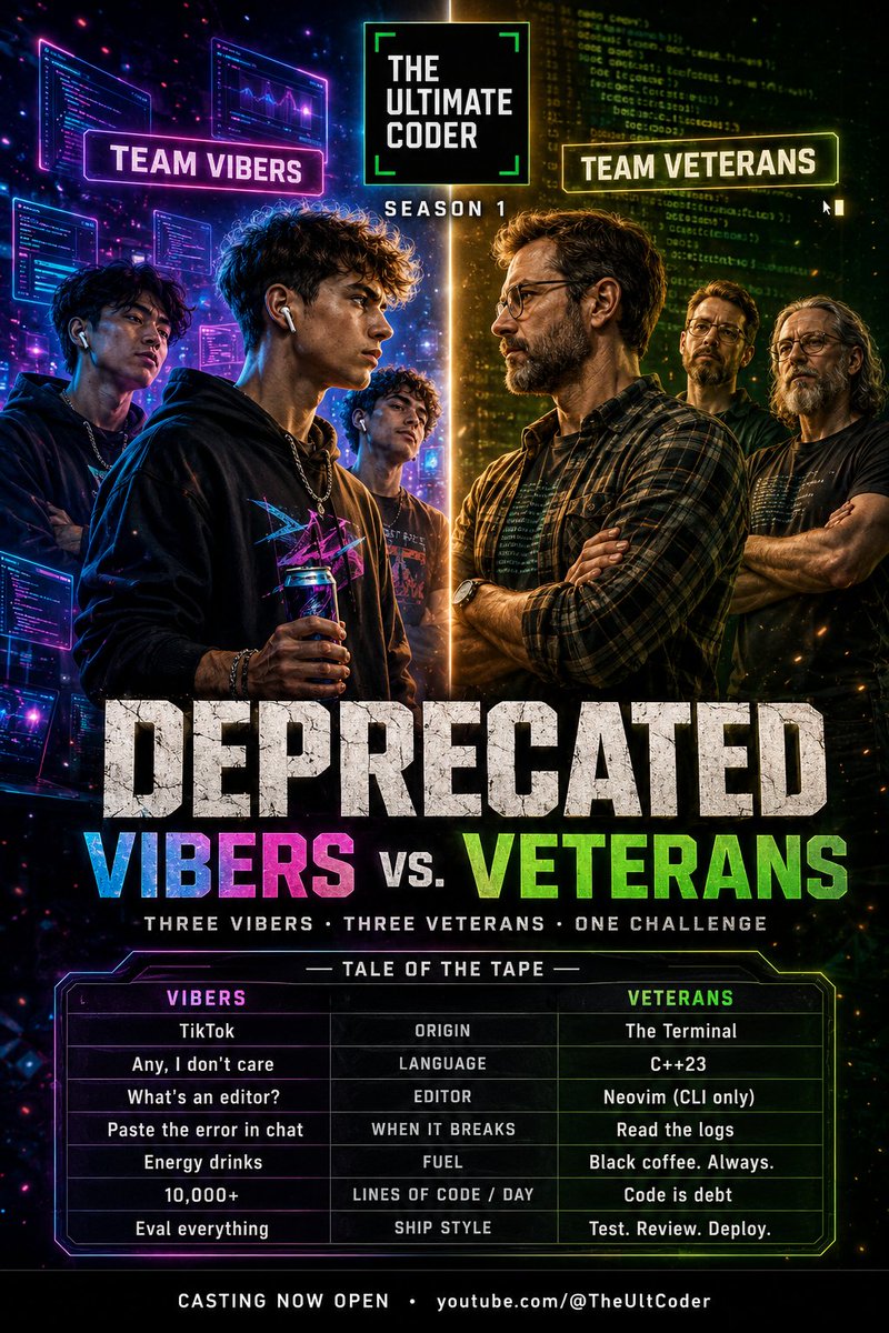theultcoder's tweet photo. ATTENTION VIBE CODERS AND VETERAN CODERS ⚠️

Casting call closes soon!