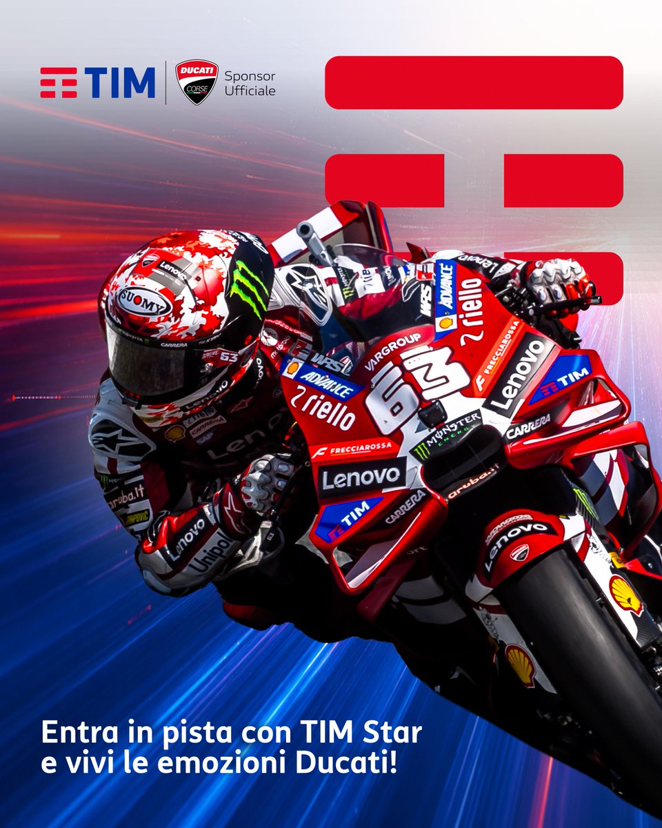 TIM_Official's tweet photo. Entra in pista con #TIMStar e vivi le emozioni Ducati! 🏁❤️
Partecipa subito al concorso, per te in palio biglietti per il GP di Misano e molto altro. Scopri di più 👉 https://t.co/qFIyvq58ky

#UnaConnessioneAllungaLaVita https://t.co/9Ipe57KMwG