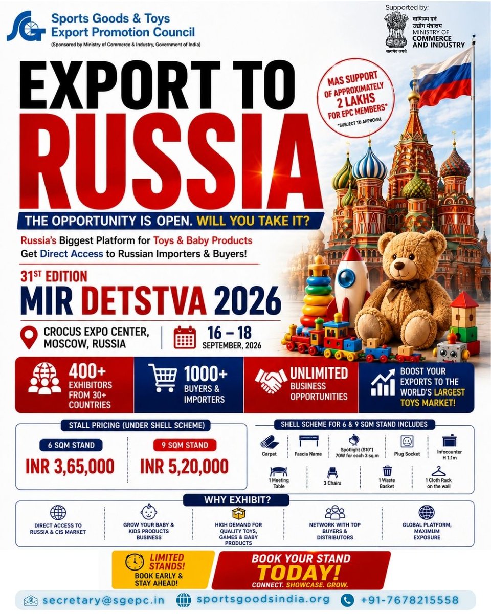 sgepc1958's tweet photo. India's toy products industry is heading to Russia, are you?
MIR DETSTVA 2026, Direct access to Russia &amp; CIS markets.
📍 Moscow | 16–18 Sept 2026 | 
Stalls filling fast — book now [https://t.co/DYFNgsVWj7]
#ExportToRussia #ToyIndustry #MadeInIndia #MIRDETSTVA2026 #IndiaExports https://t.co/6CMlT2M9zT