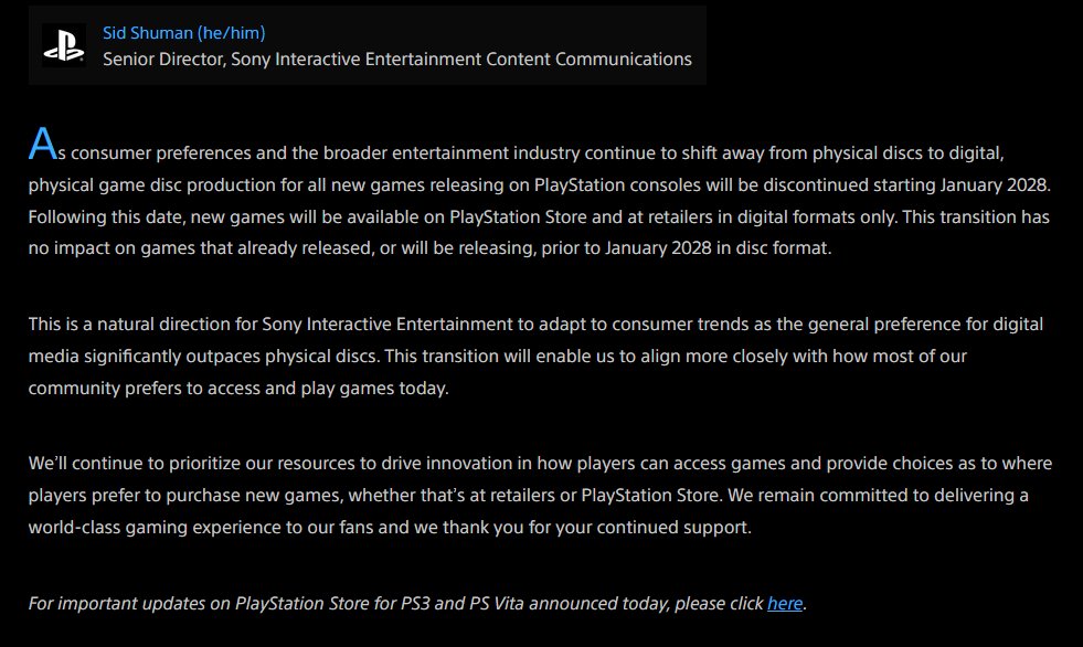 ChiclanaFriends's tweet photo. Se nos acaba de atragantar la comida.

PlayStation confirma en su blog oficial que dejará de producir juegos en físico a partir de enero de 2028. Los nuevos títulos se lanzarán únicamente en la PlayStation Store y en tiendas a través de, exclusivamente, formato digital. https://t.co/VmnzCdXjmF
