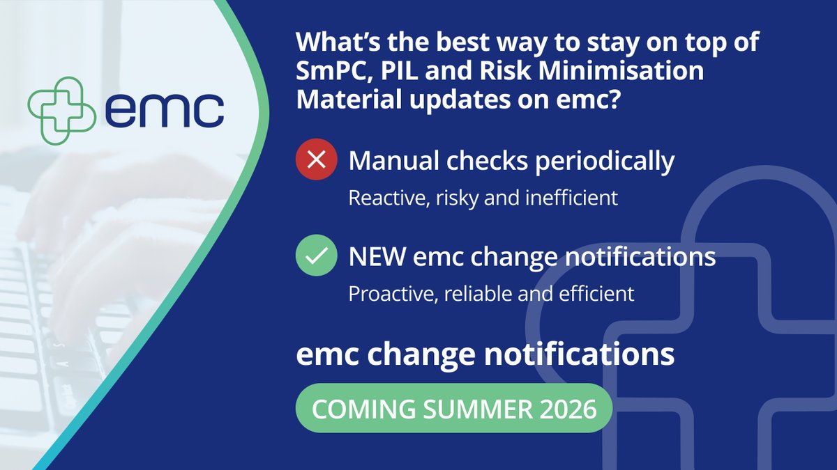 emcdatapharm's tweet photo. Keep track of the medicines and safety materials you rely on most, simply and efficiently.​

Launching soon on emc, change notifications lets users track updates to SmPCs, PILs &amp; Risk Minimisation Materials.​

Coming Summer 2026. https://t.co/ujs6qMZMrk