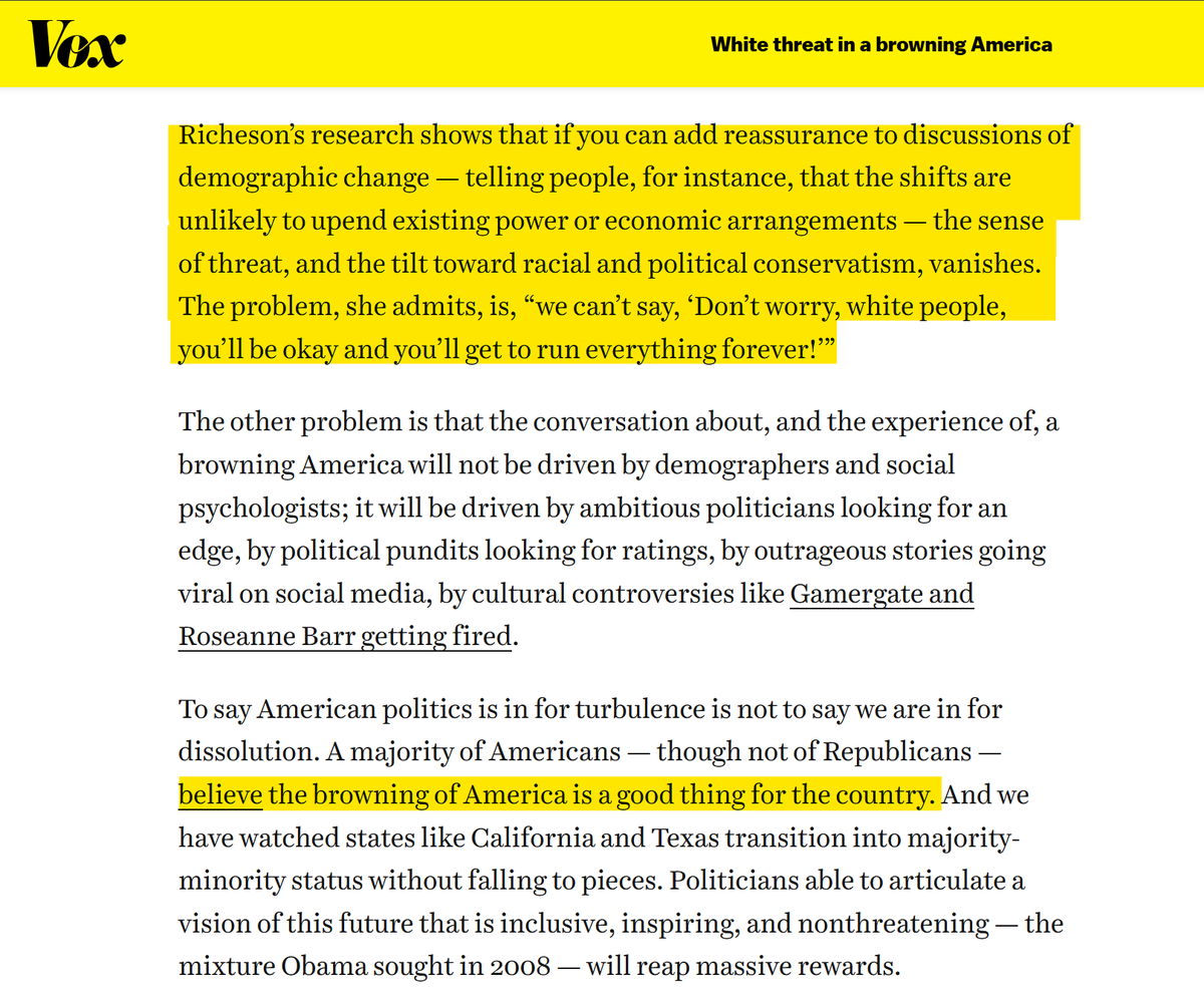 ArthurReturnss's tweet photo. The most striking moment between Ezra Klein's interview with @christopherrufo was when Ezra scoffed at those who notice the demographic replacement in America and believe it is intentional; whether for political gain or otherwise. 

He vehemently insists that anyone concerned with the demographic changes in America must have evil in their hearts for all mankind, or something. The moral blackmail is on full on display when he charges and convicts @TuckerCarlson of being a White Nationalist and attempts to make Rufo defend Carlson as if he's on the show to do so. 

This is ironic in that he published a 2018 article in Vox where a demographer interviewed essentially says, “Just reassure White people they’re not being replaced, nothing will change culturally or politically and besides, it’s a good thing, actually.” Ezra offered no pushback to this devious method of "Just don't tell them ." 

Literally the meme of its not happening, but if it is, it’s all upsides and good. All good for Progressivism, at least.