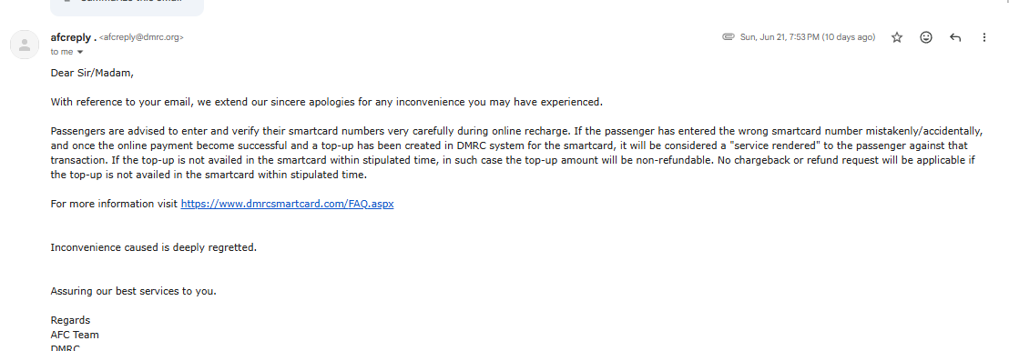 KunalRaghubans1's tweet photo. @OfficialDMRC @OfficialDMRC If the topup is never availed and the amount remains with DMRC,what is the legal basis for refusing a refund?No service was delivered,no travel occurred,yet the consumer loses themoney. How is this fair or justified? #ConsumerRights #DMRC @MoHUA_India @CPGRAMS_INDIA https://t.co/xunhNqJyEe