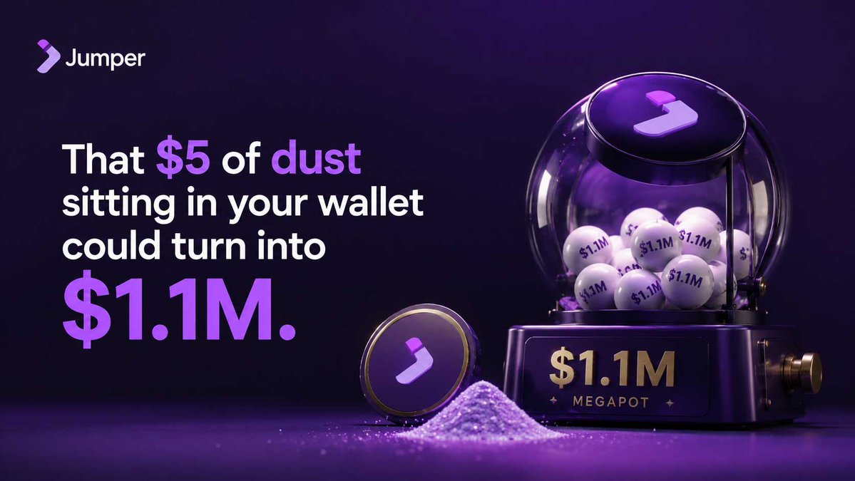 Crypto_Pranjal's tweet photo. That $5 of dust could become $1.1M. 👀

@jumperapp just launched a new mission.

If you have at least $5 of dust on Base, you can sweep it through the Jumper Portfolio and get 5 free Megapot lottery tickets for a shot at the $1.1M jackpot, plus 15 Jumper XP.

It's only for Jumper Pass Level 5+ users, and only the first 2,500 people qualify.

Steps to join:  

1. Go to Jumper: https://t.co/9Cw18wlUfa
2. Sweep at least $5 of dust on Base
3. Go to Megapot: https://t.co/osrJwOx1Cw
4. Sign up using the same wallet you used on Jumper

Tickets may take up to 3 days to appear.

After that, you're in. Maybe that forgotten $5 of dust ends up being worth $1.1M. Good luck.

Note: If the dust sweep fails, try selecting fewer tokens.