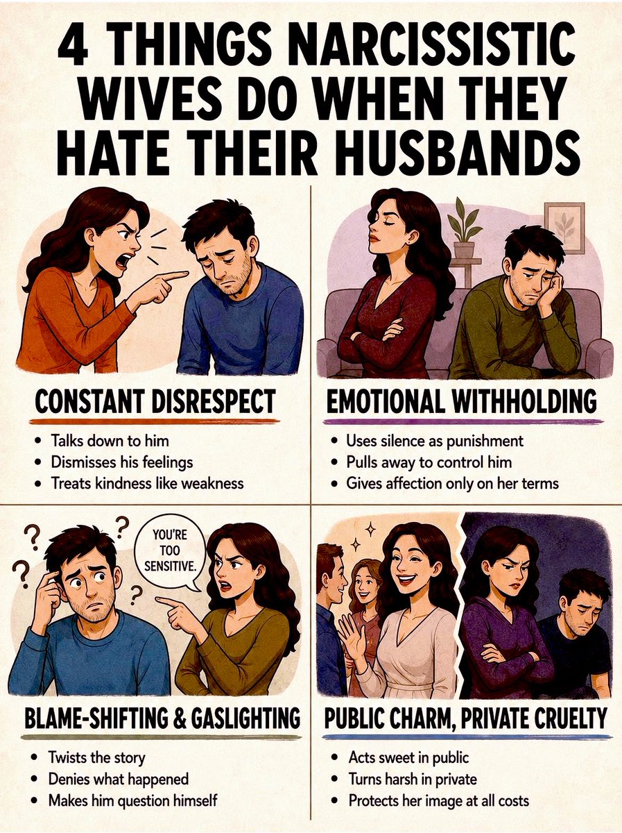 SamSiff's tweet photo. 🔴 4 Signs of a Narcissistic Wife Who Hates Her Husband

Marriage is supposed to be a partnership. But for many men, it turns into a battlefield of manipulation, control, and silent destruction.

This infographic nails the reality thousands of Indian men are living every day:

•  Constant Disrespect – Talking down, dismissing feelings, treating kindness as weakness.
•  Emotional Withholding – Silence as punishment, affection only on her terms.
•  Blame-Shifting & Gaslighting – Twisting every story, denying reality, making you question your own sanity.
•  Public Charm, Private Cruelty – Sweet angel outside, monster at home.

This isn’t “just arguments.” 
This is emotional abuse.