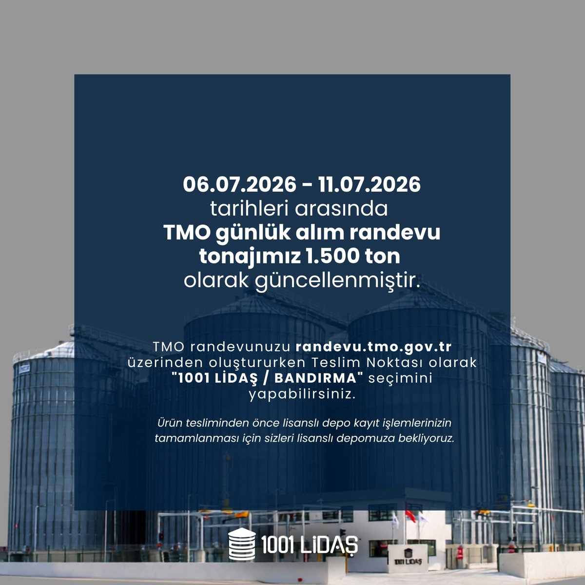 lidas1001's tweet photo. Değerli Üreticilerimiz,
06.07.2026 – 11.07.2026 tarihleri arasında TMO günlük alım randevu tonajımız 1.500 ton olarak güncellenmiştir.

#1001lidaş #lisanslıdepoculuk #lisanslıdepo #bandırma #balıkesir #marmara #depoculuk #buğday #elüs #tarım https://t.co/thTwRP4Y5r