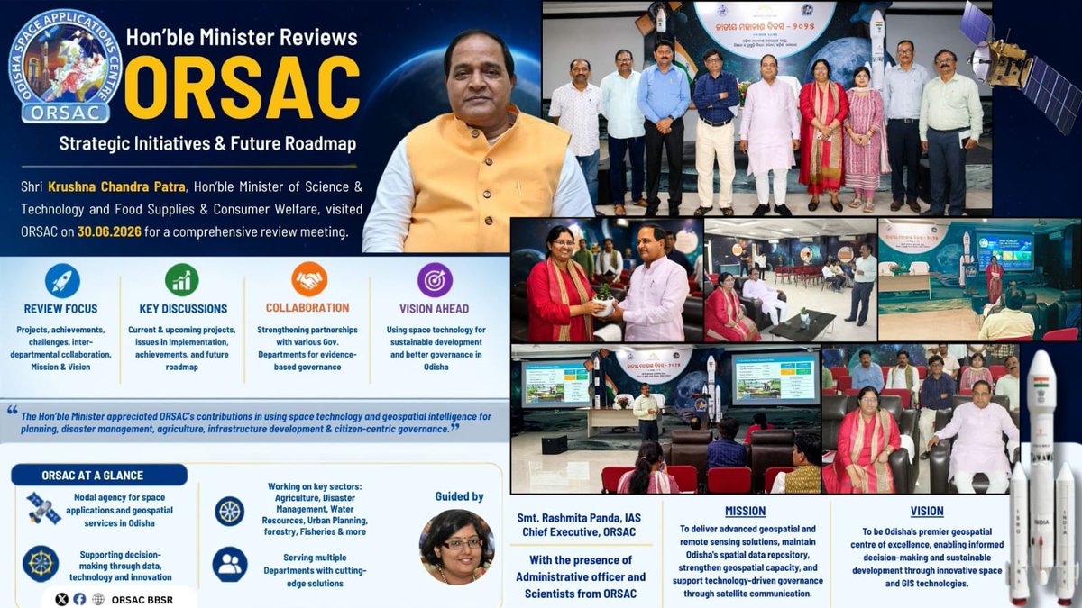 ORSACBBSR's tweet photo. Hon'ble Minister of Science &amp; Technology and Food Supplies &amp; Consumer Welfare, Shri Krushna Chandra Patra, visited the Odisha Space Applications Centre (ORSAC) on 30.06.2026 to review the Centre's ongoing projects, achievements, inter-departmental collaborations &amp; future roadmap. https://t.co/XuSjiqYNRC