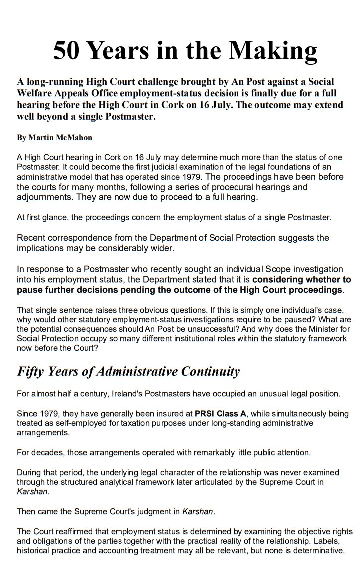 williamhboney1's tweet photo. 50 years in the making.

An Post v Minister Social Welfare

A High Court hearing on 16 July could determine far more than the status of one Postmaster.

It may become the first judicial examination of an administrative model that's operated since 1979.

https://t.co/eZgC8TLY9H https://t.co/a9uNB5GFZ6