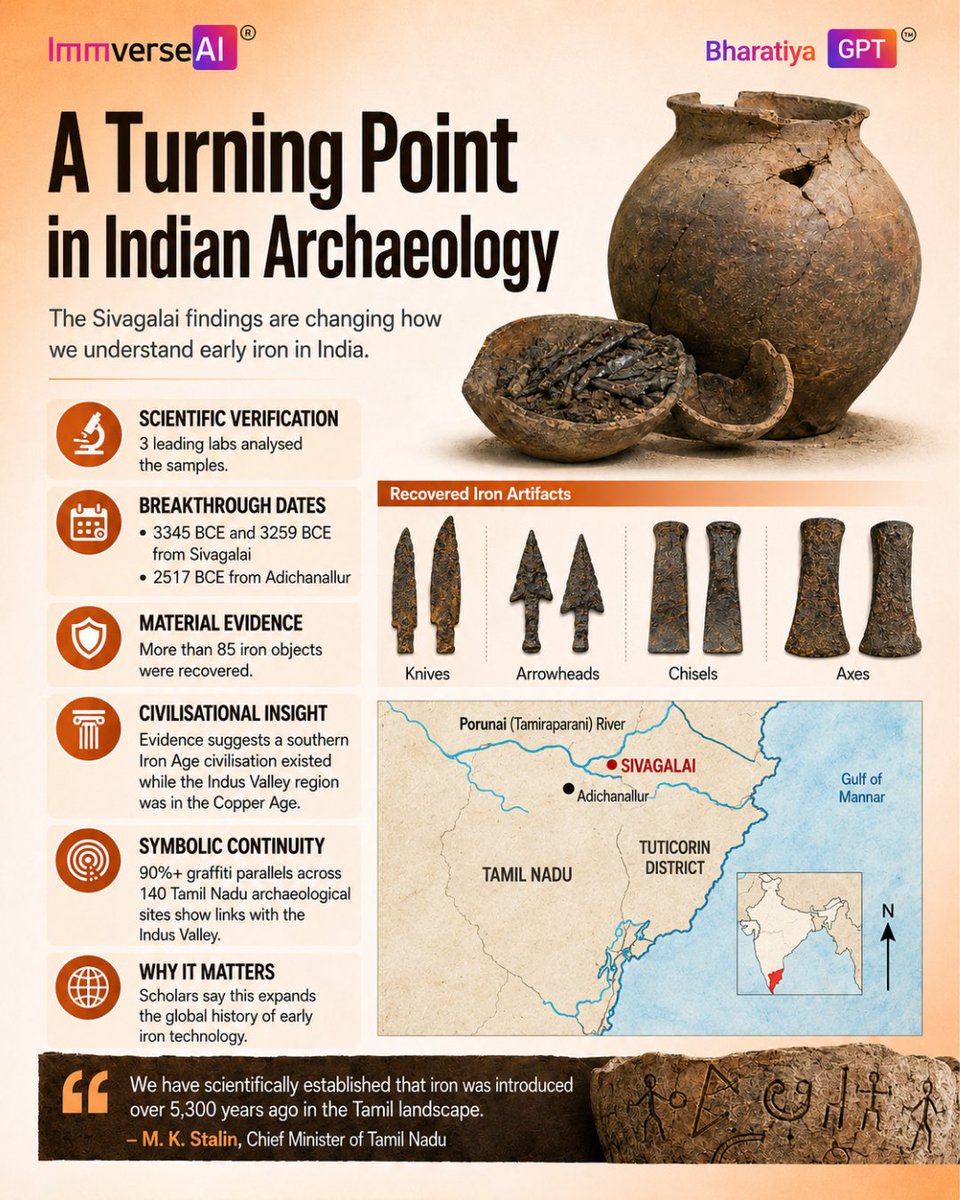 Bharatiyagpt's tweet photo. Sivagalai is changing the timeline of India's Iron Age.

Scientific dating of charcoal samples from Sivagalai, Tamil Nadu, to 3345 BCE and 3259 BCE, along with the discovery of 85+ iron artifacts, suggests that iron technology in South India may be far older than previously believed.

These findings are reshaping archaeological research and offering fresh insights into India's ancient technological heritage.

Discover more with BharatiyaGPT.

#Sivagalai #AncientIndia #Archaeology #IronAge #TamilNadu #BharatiyaGPT #ImmverseAI #IndianHistory #IndianKnowledgeSystems #Heritage