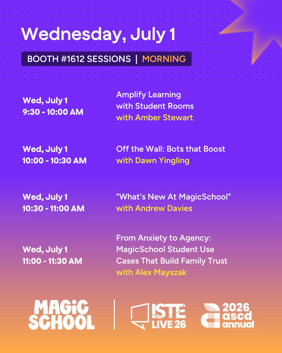 magicschoolai's tweet photo. Its day 3 at ISTE and we still have some amazing booth sessions at booth 1612. 
Come on down to learn with us today! We can't wait to see you 💜

#ISTE2026 #MagicSchool https://t.co/Gf5F02habI