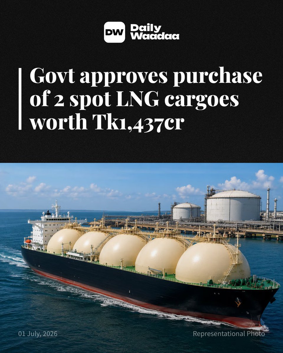 DailyWaadaa's tweet photo. The Cabinet Committee on Government Purchase (CCGP) on Wednesday approved the procurement of two liquefied natural gas (LNG) cargoes from the spot market at a total cost of Tk1,437.55 crore to help meet the country’s energy demand.

Link in comments https://t.co/FH3pYIqXhk
