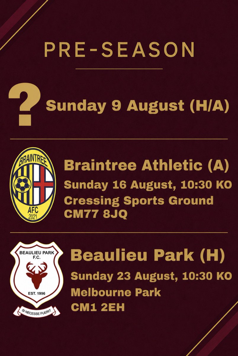 AFC_Clarets's tweet photo. Our pre-season plans are nearly finalised! We’ll travel to Braintree Athletic on 16 August, before hosting @BeaulieuPark a week later. 

We’re still on the look out for a game on 9 August. If you’re interested, get in touch! https://t.co/kNKwnneHz1