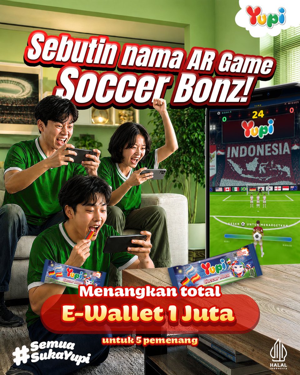 Yupiers's tweet photo. Langsung komen jawaban kamu sebanyak-banyaknya! Menangkan E-WALLET 1 JUTA untuk 5 pemenang!

Syarat & Ketentuan :
1. Follow Instagram Yupi @yupi.gummy.
2. Like dan jawab di kolom komentar.
3. Yupiers boleh ikutan & jawab berkali-kali.
4. Pastiin like dan komen di konten Yupi lainnya ya!
5. Giveaway berlangsung sampai 7 Juli 2026.

Pemenang akan dipilih oleh juri dari Yupi Gummy Candies & tidak bisa diganggu gugat.

#SemuaSukaYupi
#KenyalnyaBikinHepi
#GummyMerekYupi