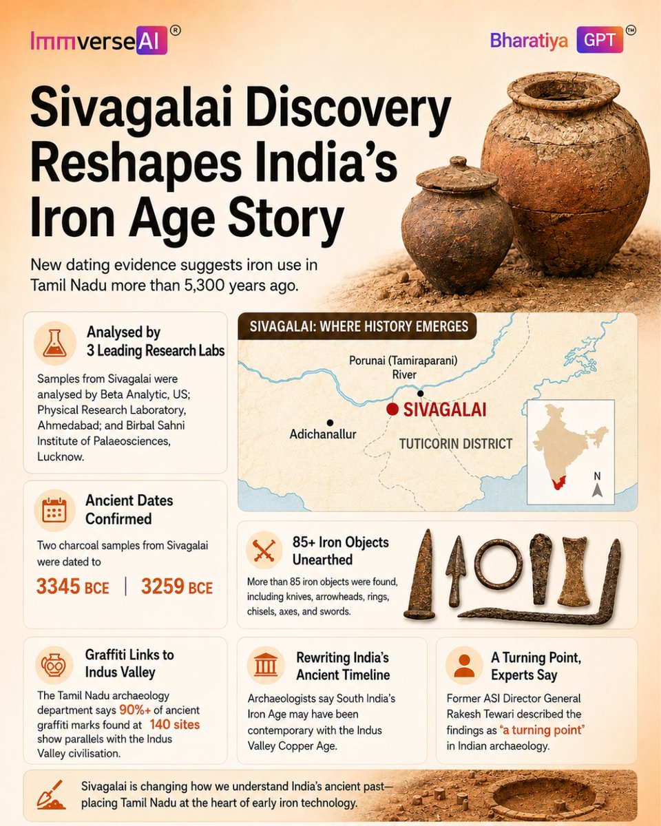 Bharatiyagpt's tweet photo. Sivagalai is changing the timeline of India's Iron Age.

Scientific dating of charcoal samples from Sivagalai, Tamil Nadu, to 3345 BCE and 3259 BCE, along with the discovery of 85+ iron artifacts, suggests that iron technology in South India may be far older than previously believed.

These findings are reshaping archaeological research and offering fresh insights into India's ancient technological heritage.

Discover more with BharatiyaGPT.

#Sivagalai #AncientIndia #Archaeology #IronAge #TamilNadu #BharatiyaGPT #ImmverseAI #IndianHistory #IndianKnowledgeSystems #Heritage