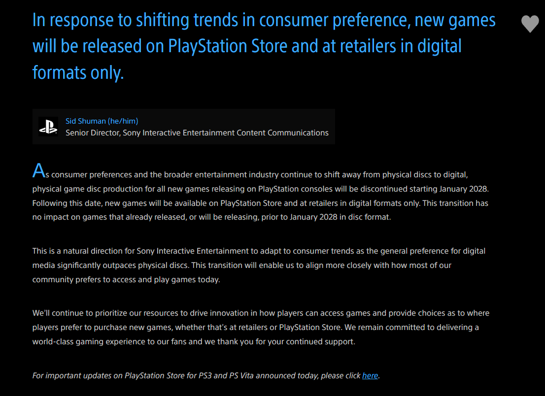 LaCavernaGamer's tweet photo. Terrible noticia. TERRIBLE.

SONY confirma en un comunicado que a partir de ENERO de 2028 ya NO SE FABRICARÁN más juegos en FORMATO FÍSICO.

Desde esa fecha en adelante, los nuevos juegos se lanzarán exclusivamente en formato digital para los sistemas "PlayStation". https://t.co/QiPrvOBK8a