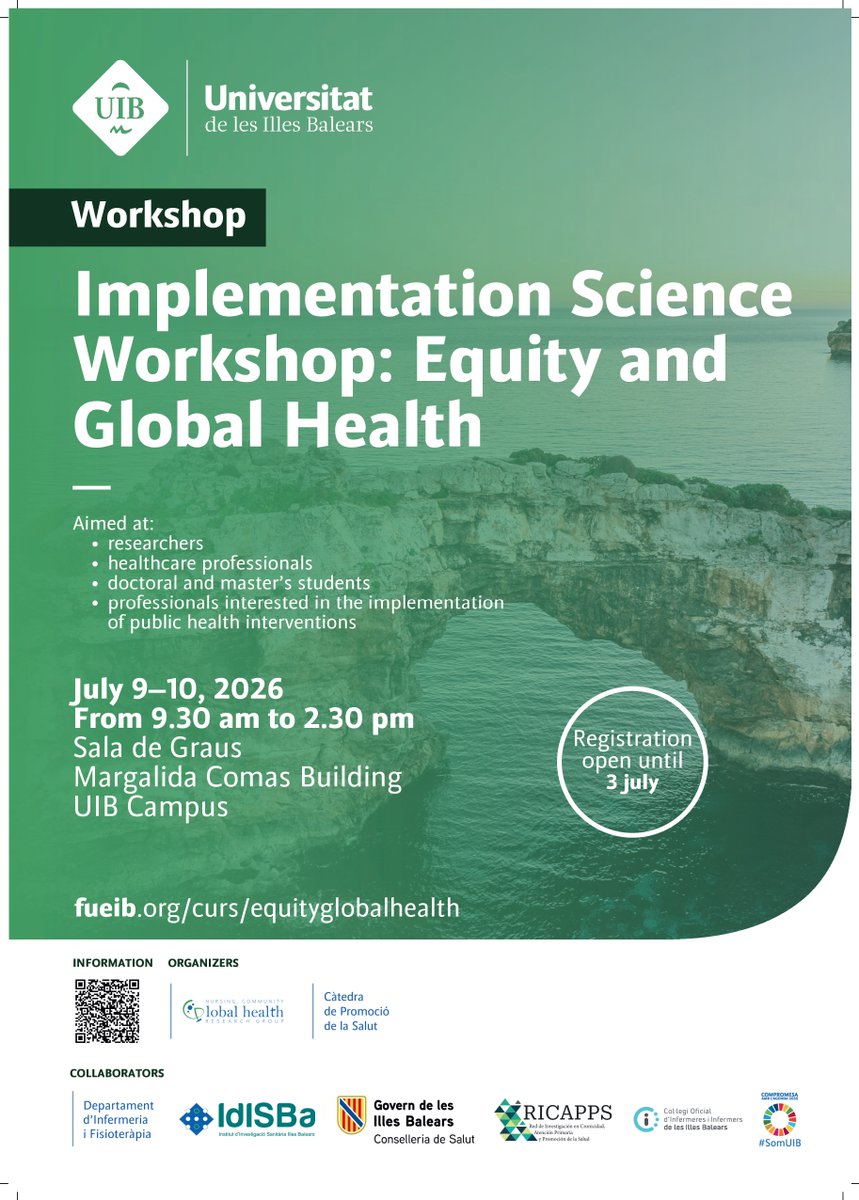 idisbaib's tweet photo. 🌍 Vols aprofundir en la implementació d’intervencions de salut pública amb perspectiva d’equitat i salut global?
📅 9 i 10 de juliol 
📍 UIB 
⏳ Inscripcions obertes fins al 3 de juliol
🔗 https://t.co/jGuCvsPyWH https://t.co/lmpQ7n5H6e