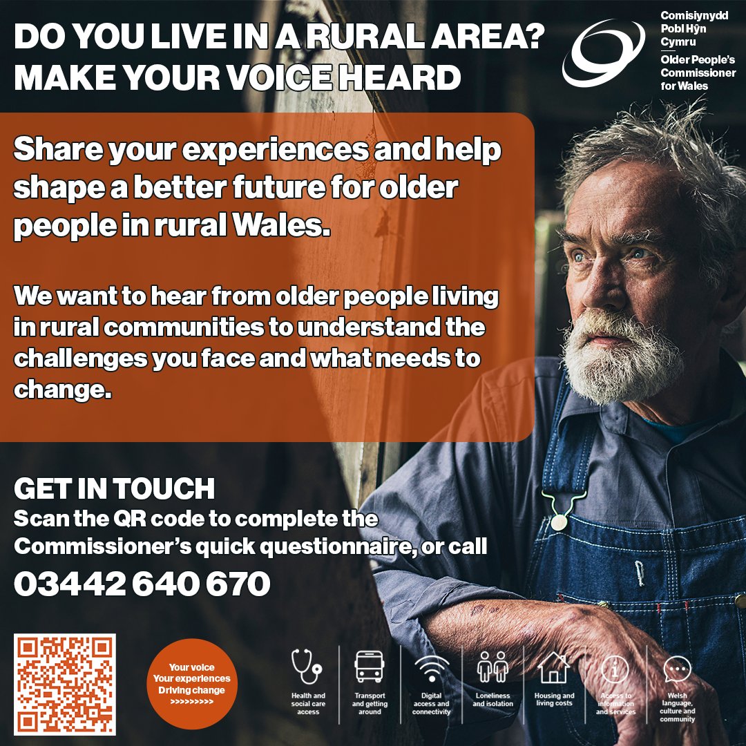 talkolderpeople's tweet photo. What’s the best thing about living in a rural area? What are the things that can make it more challenging?

The Older People’s Commissioner is undertaking research into people’s experiences of growing older in rural Wales to learn more about the challenges people can face and where change and improvements are needed.

Share your experiences to help influence policy and support positive change.
https://t.co/d2bu8wTIcA