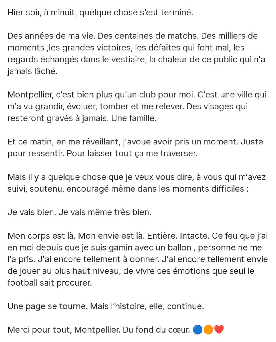 B_Queneutte's tweet photo. "Ce feu que j'ai en moi depuis que je suis gamin avec un ballon, personne ne me l'a pris. J'ai encore tellement à donner (...) Une page se tourne. Mais l'histoire, elle, continue"
Ce midi, le message d'adieu (et les remerciements) à #Montpellier de Teji #Savanier https://t.co/18HN1LgoGu