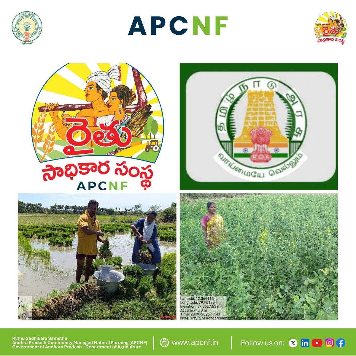 APZBNF's tweet photo. From Andhra Pradesh to the Nation .#APCNF continues to scale the #NaturalFarming movement across India.

With its community managed Natural Farming model now supporting initiatives in 22 states and 6200 farmers, APCNF is accelerating the nationwide transition towards sustainable and climate resilient agriculture through strategic partnerships and capacity building.

We are delighted to share that Executive Vice Chairman of #RySS, @vijaythallam signed a Memorandum of Understanding (MoU) with the Tamil Nadu State Rural Livelihoods Mission (#TNSRLM), marking the next phase of our collaboration in the state.

Having already established a strong presence through the successful implementation of the Natural Farming programme in three districts, this new Phase-II MoU significantly expands the initiative to eight additional districts, covering six clusters and 30 villages, bringing the benefits of community managed Natural Farming to many more farming families across Tamil Nadu.

This expansion is another milestone in APCNF's journey of taking Andhra Pradesh's proven Natural Farming model to the rest of the country, empowering communities, restoring soils, strengthening climate resilience, and building a farmer led movement for sustainable agriculture.

From one state to many, from pilot to scale #APCNF is helping shape India's Natural Farming future, one community at a time.

@AndhraPradeshCM @ap_agriculture @rajbudithi65
@NITIAayog @icarindia @agrigoi @TNAU_coimbatore 

#SustainableAgriculture #RegenerativeAgriculture #ClimateResilientAgriculture #FarmerLed #SoilHealth #Agroecology #RuralLivelihoods #ScalingNaturalFarming #HealthySoilHealthyFood