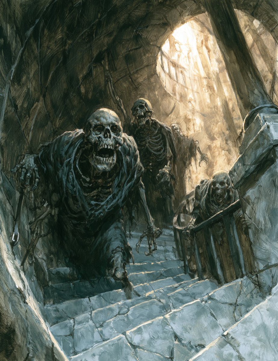 CorpseKings's tweet photo. As you descend into the dungeon, you nearly run right into a horde of the Undead. What's your next move? https://t.co/Fsqio87pYT