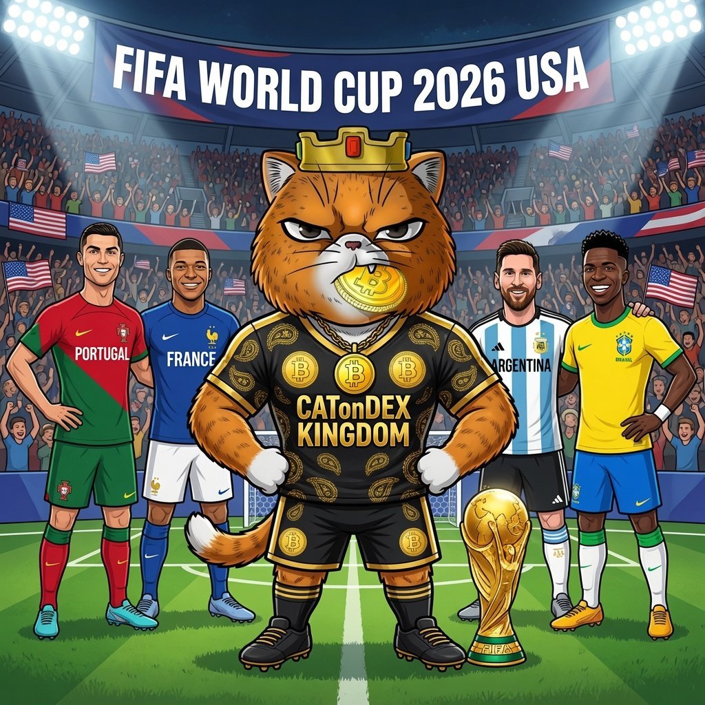 A1phamayo's tweet photo. @cryptorover Mbappé, Messi, Vinícius… and the real MVP taking center stage. The FIFA World Cup 2026 is here, but the $CATonDEX Kingdom is already taking home the ultimate trophy. While the world plays football, we play the ultimate meme game. 

CA: 0xbB473919899AcBD5fA2518A63eD5ac70A115452bo https://t.co/AMIfxzwh0M