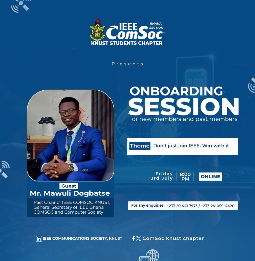 IEEEComsocknust's tweet photo. Don’t just join IEEE. Win with it. 🎯

🎙️ Mawuli Dogbatse, Past Chair @ IEEE ComSoc KNUST  
📅 Fri, 3rd July | ⏰ 8:00 PM GMT  
💻 Meet: https://t.co/1hW00k3mA2  

Learn IEEE, ComSoc &amp; real opportunities.  
#IEEEComSoc #ComSocKNUST #KNUST #Engineering https://t.co/dyN5jPRA0u